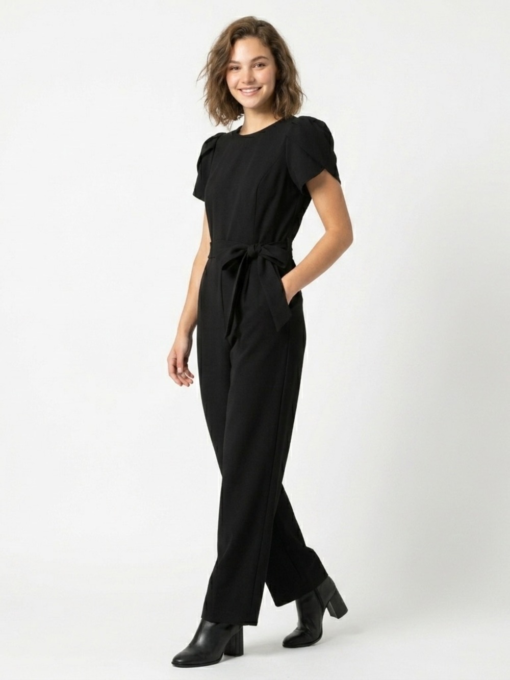 Calvin Klein Black Wide Leg Flutter Sleeve Belted Jumpsuit Size 4